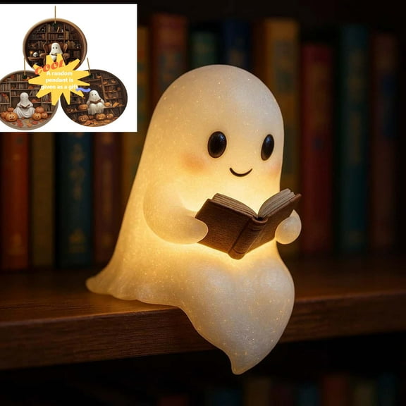 Cute Ghost Reading Book Lamp, Halloween Ghost Night Light, Ghost Reading Night Lights, 3D LED Night Light Halloween, Light Up Halloween Decor,for Bedroom Study Room,Readers 6inch