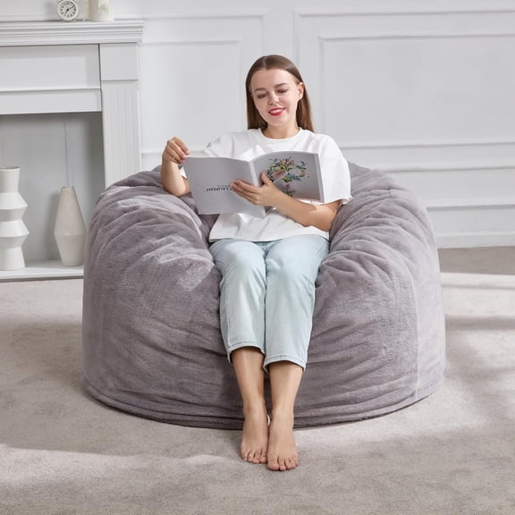 3ft Bean Bag Chairs for Adults Large Beanbag Chair with Plush Faux Fur Cover Big Bean Bag Chair for Living Room Bedroom Dorm Office - Grey (36” x 36” x 22”)