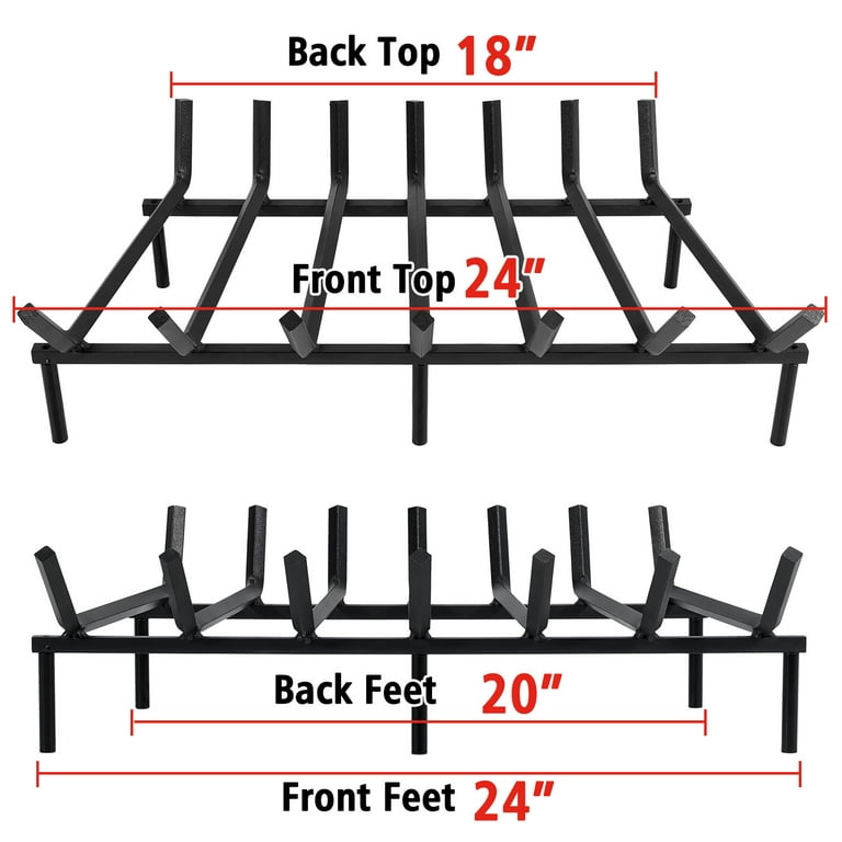 24 inch Fireplace Grate Cast Iron Fireplace Log Grate Rack Heavy Duty Steel Holder 3/4 inch Bar Fire Grates Wrought Iron Wood Stove Holder Firewood