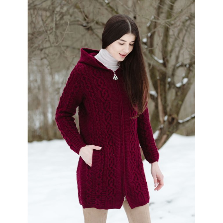 SAOL Women's Merino Wool Zip Cardigan - Hooded Irish Aran Knit Sweater For Fall & Winter