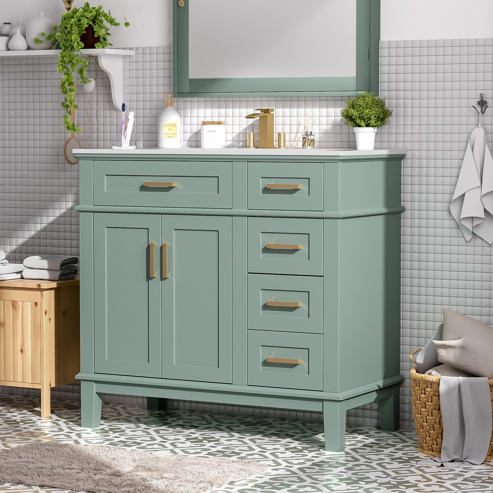Euroco 36" Bathroom Cabinet with Ceramic Sink, Soft-Close Doors, Golden Handles, Ample Storage, and Overflow Protection