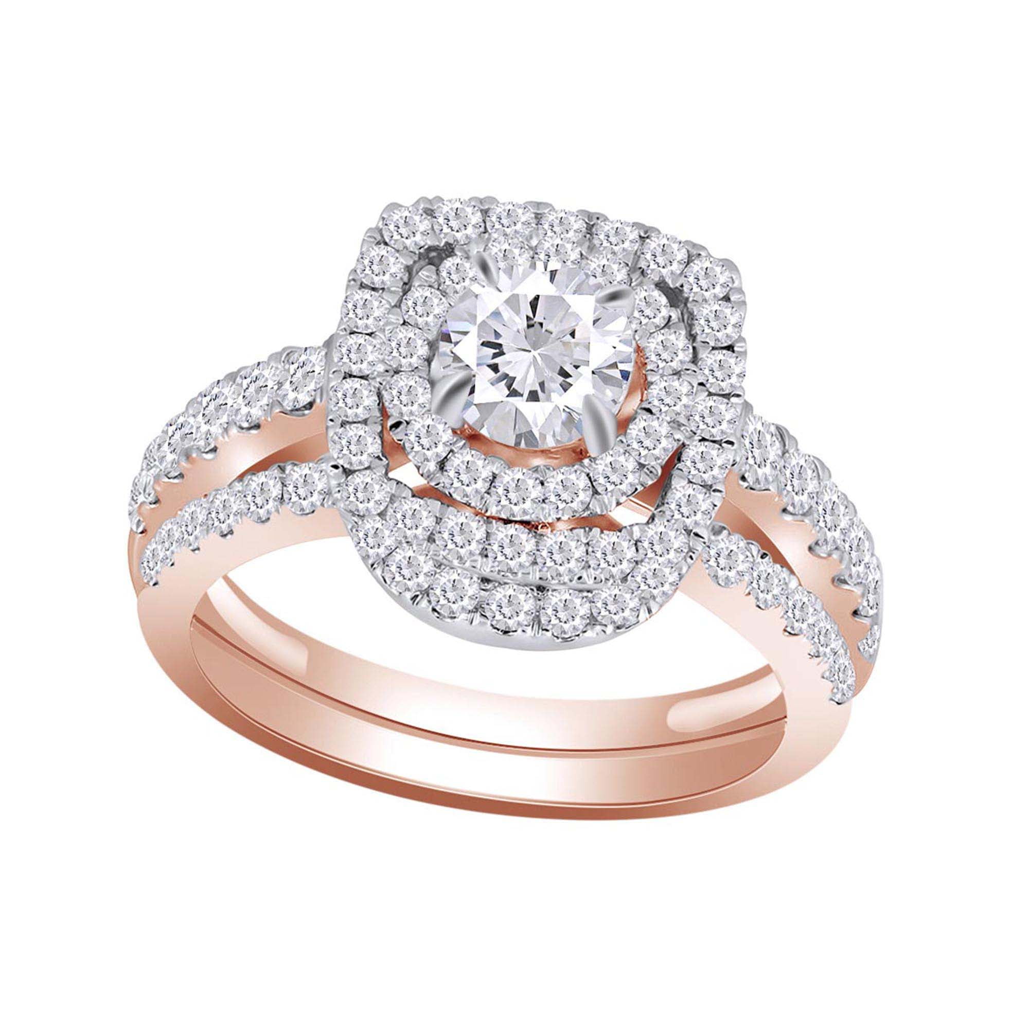 1 3/4 Cttw Womens Round Natural Diamond Double Halo Bridel Wedding Engagement Band Ring Set 14Kt Solid Rose Gold (I-J Color, I2-I3 Clarity, 1.75 ...