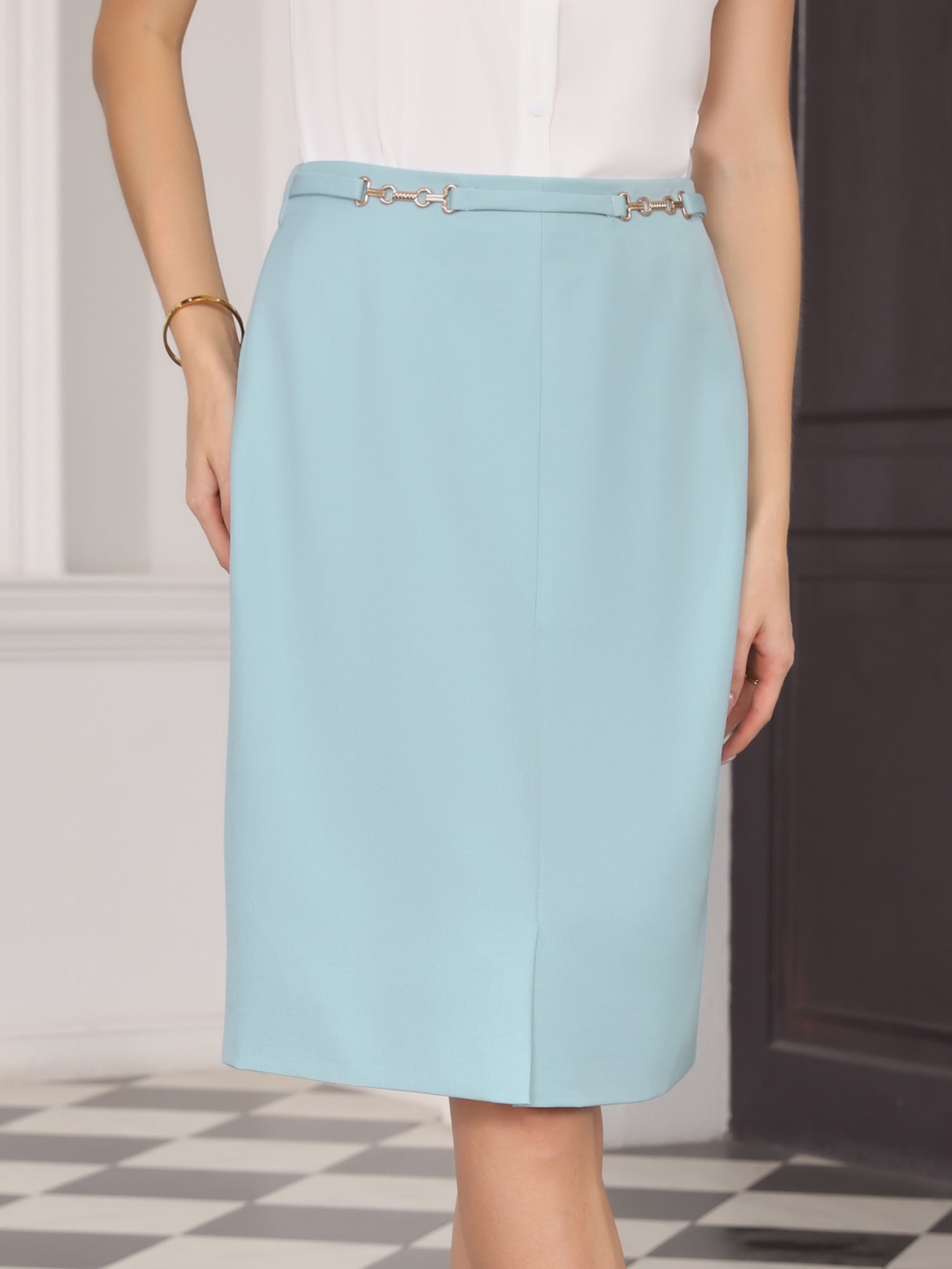 DARING DIVA Women's High Waist Formal Knee Length Pencil Skirts Large Light Blue