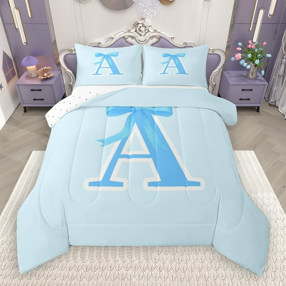 Manfei Letter A Monogrammed Bedding Comforter Set,Cute Cartoon Bowtie Twin Comforter Sets,Blue Bow Tie Bedding Set For Girls Kids,Microfiber Room Decorative Reversible,2pcs