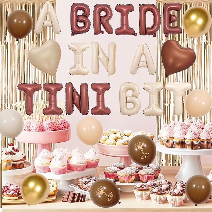 A Bride in A Tiny Bit Balloons Martini Cup Banner Foil Balloon Fringe Curtain with Balloon Garland Arch Kit Espresso Martini Bridal Shower Decorations for Women Bachelorette Party Engagement Supplies