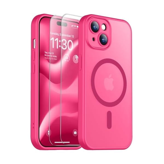 Eryueer for iPhone 15 Plus Case, Magnetic Translucent Matte Case with 2PCS Tempered Glass Screen Protector Slim Phone Case for iPhone 15 Plus 6.7'', Hot Pink