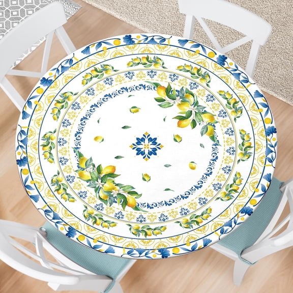 Lemon Round Fitted Tablecloth with Elastic Edge Summer Outdoor Tablecloth Waterproof Table Cover for Picnic Dinner Party Decor Fits 48-52" Diameter Round Tables