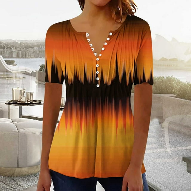 SEAOPEN Deals Womens Plus Size Tunic Shirts Button V Neck Henley Tops Short Sleeve Blouses0 Yellow,L