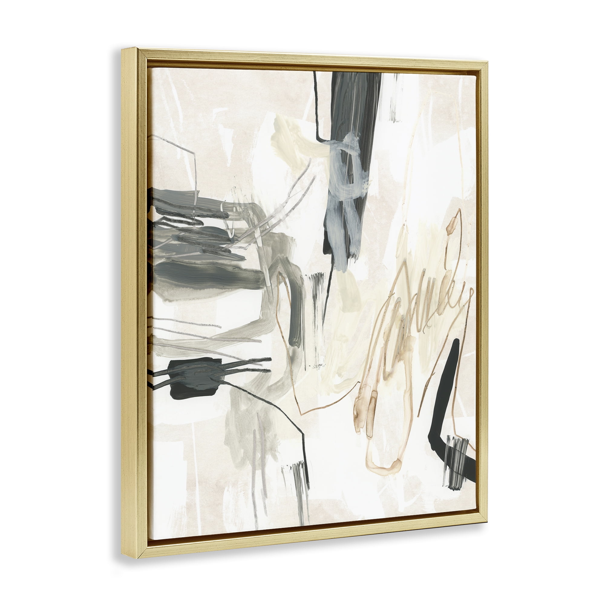 Stupell Industries Expressive Neutral Tones Scribble Abstract Painting Gold Floater Framed Canvas Art Print Wall Art, 25 x 31