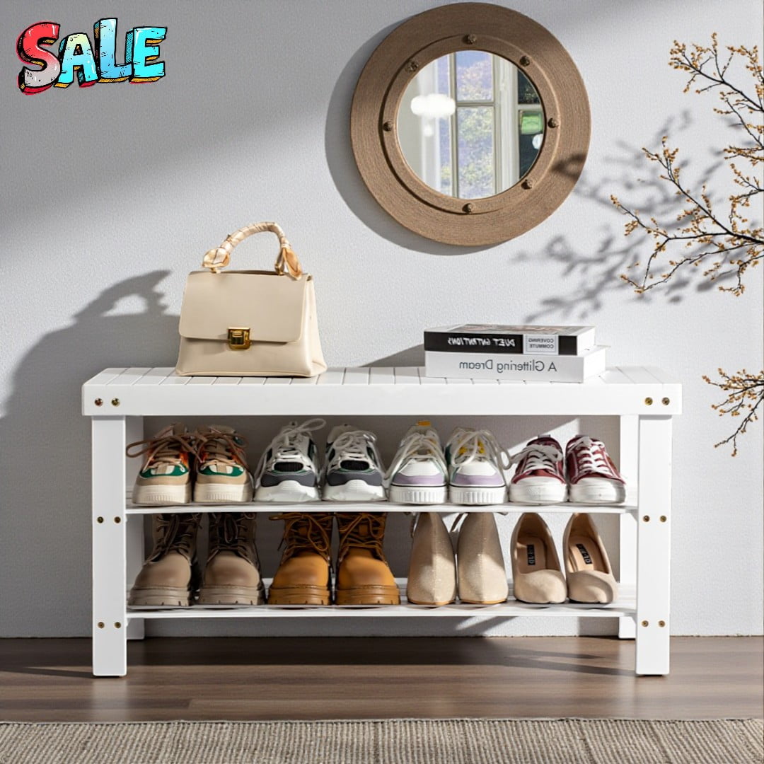 Tcbosik 3-Tier Shoe Rack Bench, White Bamboo Entryway Organizer, Space-Saving Shoe Storage with Seamless Top, 35.43"L x 11.02"W x 17.72"H