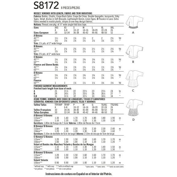 Misses' Fashion Kimonos with Length, Fabric and Trim Variati-XXS-XS-S-M-L-XL-XXL