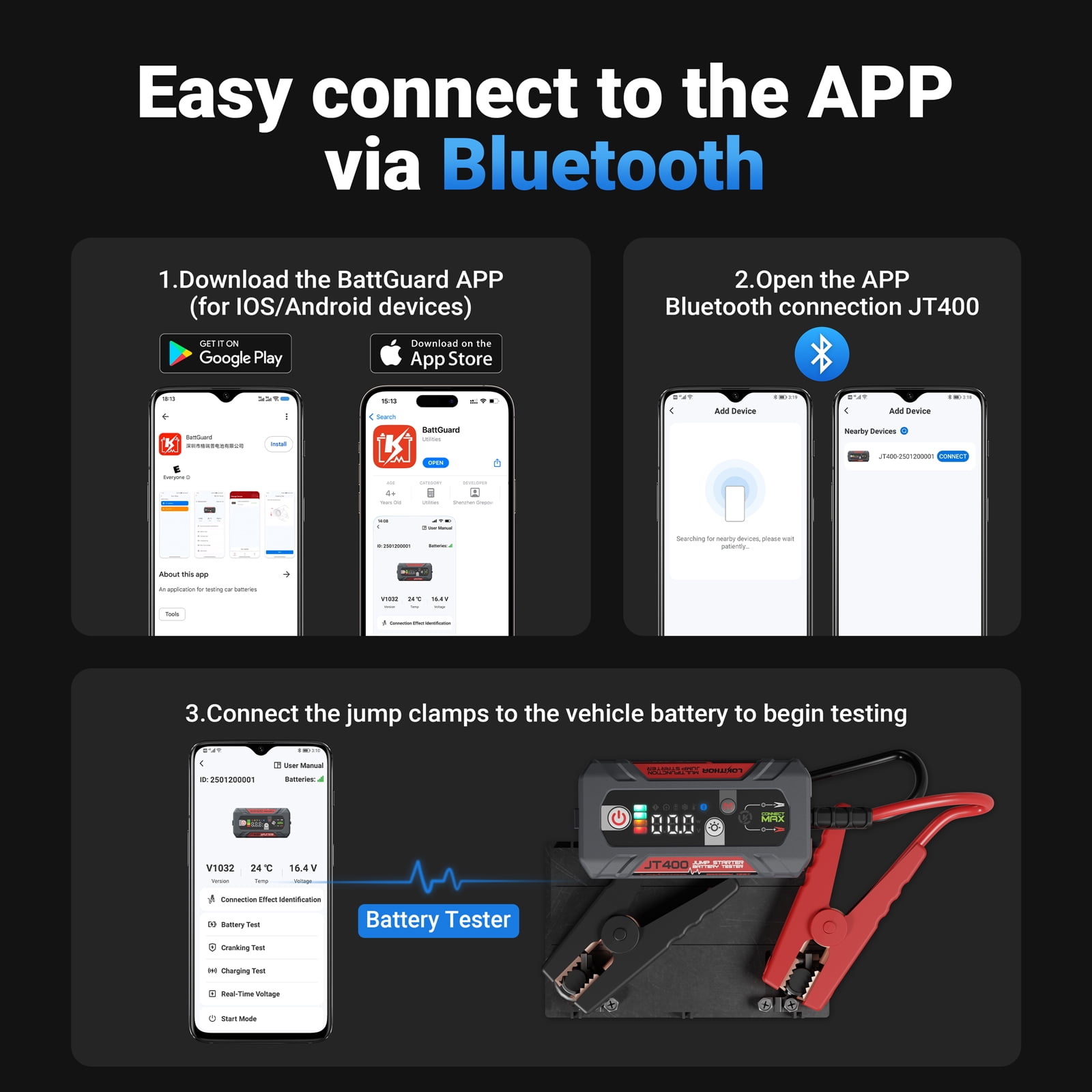 LOKITHOR JT400 Jump Starter and Battery Tester 2-in-1,2500A 12V Portable Battery Jump Starter，100-2000 CCA Load Capacity Automotive Load Tester(8.5LGas/6.5LDiesel）Engines