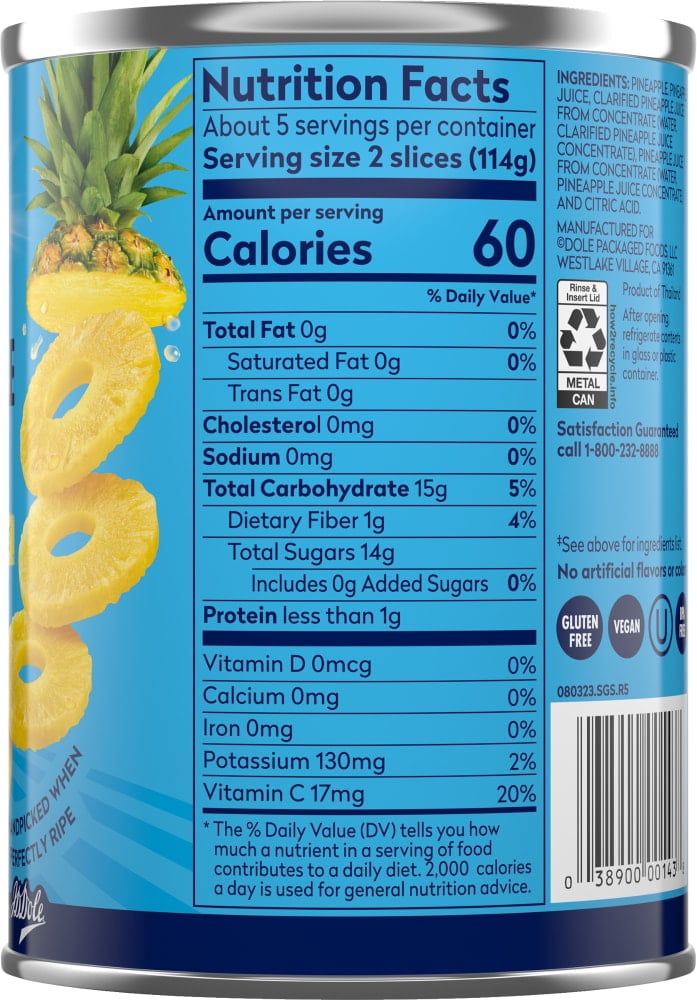 Dole Canned Pineapple Slices Fruit In 100% Pineapple Juice 20 oz - 5 Pack