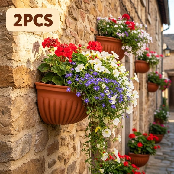 2PCS Half Round Wall Mounted Plastic Planter, Terracotta Color Weather Resistant Hanging Flower Pot for Indoor Outdoor Plants, Vertical Wall Decor for Home Garden Balcony Use