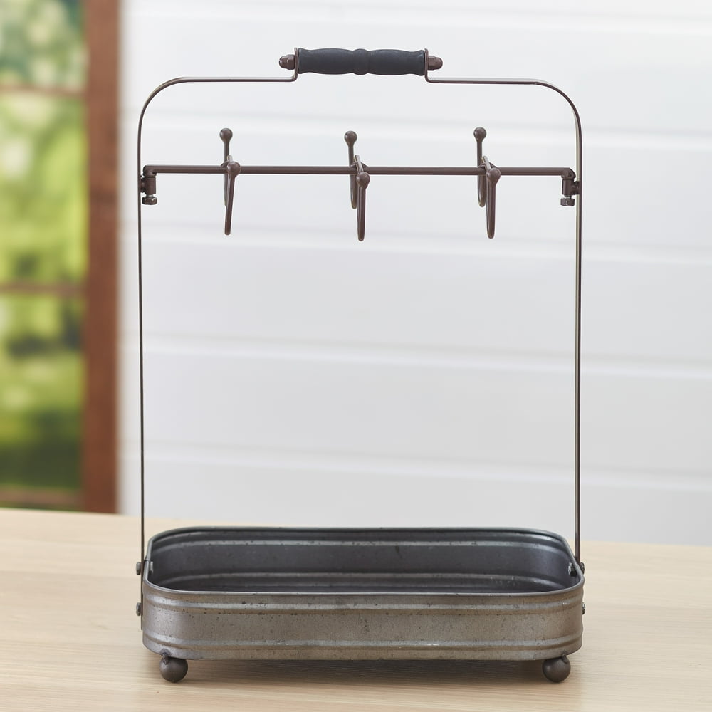Galvanized Coffee Mug Holder with Primitive Tray, Hooks for Coffee and