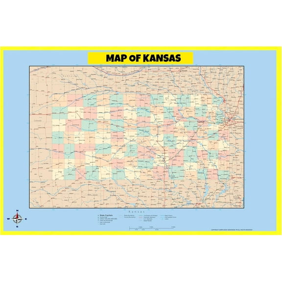 Kansas Map Poster - Laminated Wall Map - Style C - 18x24 - Ideal for Classrooms and Homes – Features Bright Colors and Vivid Imagery