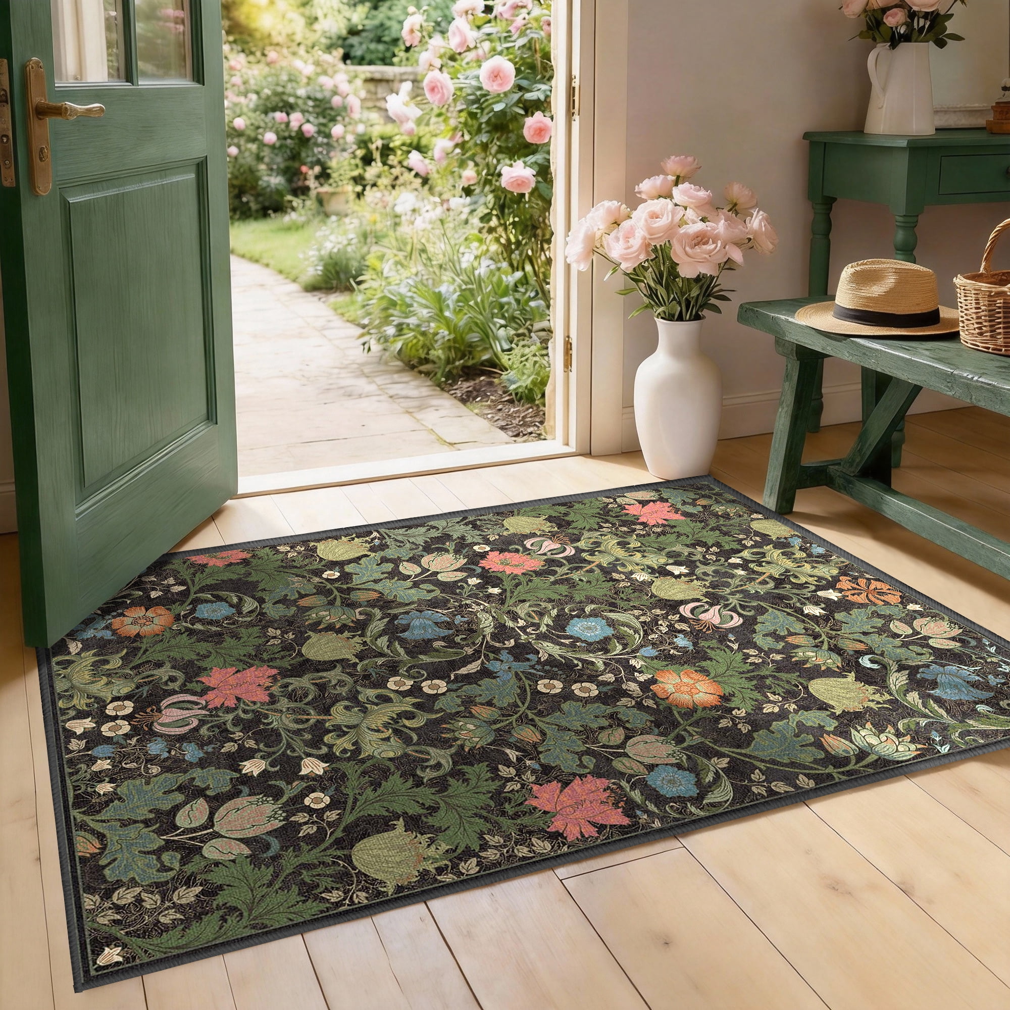 ATHOPE Floral 2x3 Area Rug, Machine Washable Rugs Soft Non Slip Low Pile Rugs for Living Room Bedroom Nursery Kitchen Dining Room Indoor, Small Floral Print Pattern Carpet, Dark Green
