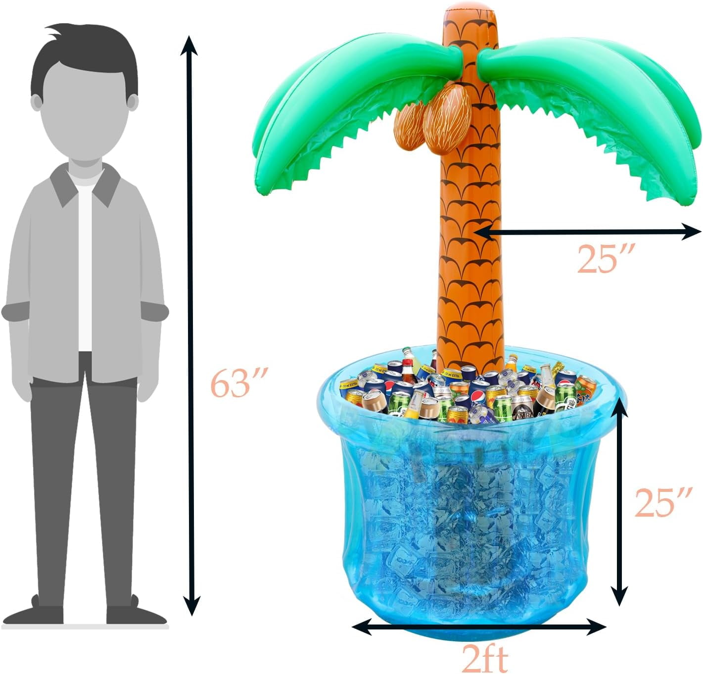63" Drink Cooler for Parties, 2 Pack Inflatable Palm Tree Ice Bucket for BBQ, Picnic, Pool Party, Bachelorette Supplies, Floating Cooler for Hawaiian Luau Tropical Summer Party Decorations