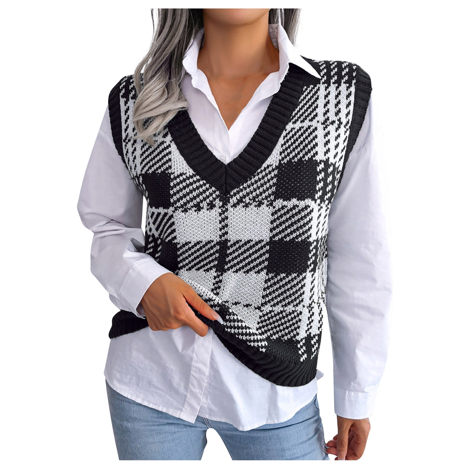 Women's Sweater Vest VNeck Casual Loose Knit Sweater Vest TBKOMH