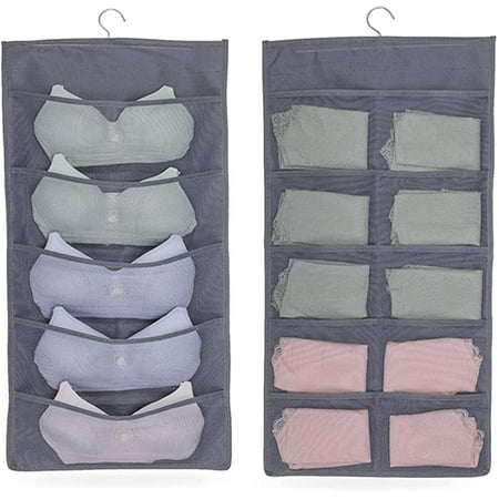 

Storage Hanging Bag Dual-Sided Hanging Bra Storage Organizer with Metal Hanger Dual-Sided Hanging Storage Organiser for Underwear Panties Stocking Bra and Sock (Expand 5+10 Pockets Gray)