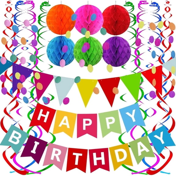 Colorful Happy Birthday Party Decorations Set - Paper Banner, Flag Bunting, Circle Garland, Swirl Streamers & Honeycomb Balls