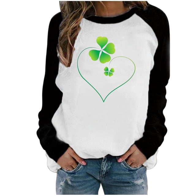 Besolor St Patricks Day Sweatshirt Women Color Block Long Sleeve Shamrock St. Patricks Shirts Tees Holiday Party Pullover Tops