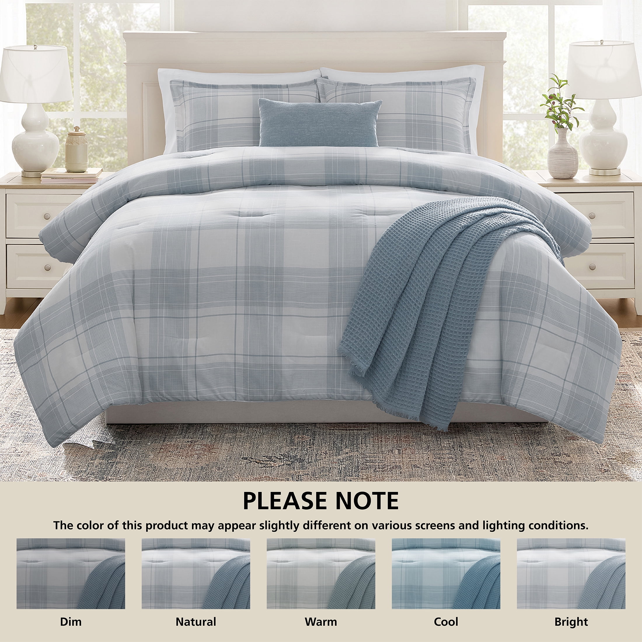 Mainstays Plaid 5-Piece Blue Comforter Set, King