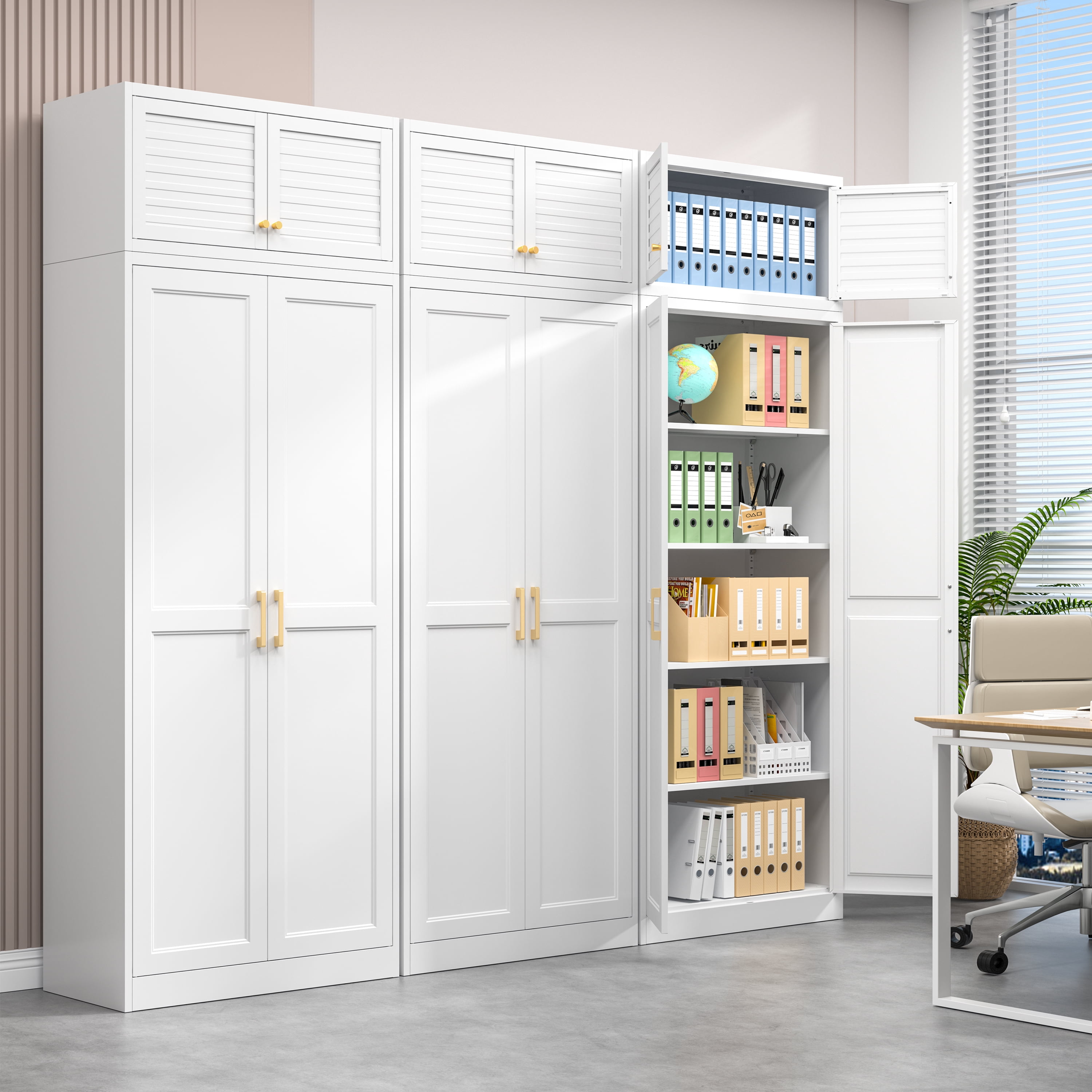 Polup 86" Height Modern Metal Pantry Storage Cabinet with Doors and Adjustable Shelves White for Living Room Kitchen and Home