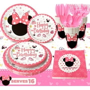 Minnie Birthday Party Supplies Tableware-113pcs Minnie Party Tableware Set Include Minnie Mouse Party Plates Cups Napkins Table Cloth Set ect Minnie Theme Party Decor, Serves 16