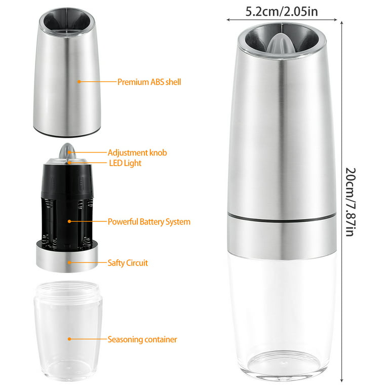 Kyoffiie Electric Pepper and Salt Grinders Automatic Gravity Sensor Pepper Mill Kitchen Tools for Home, Size: 20*5.2cm/7.9x2inch, Silver