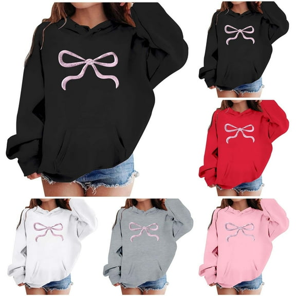 Gelikeya Hoodies for Girls Bowknot Graphic Print Oversized Pullover Tops Long Sleeved Casual Hooded Sweatshirts 3-14Y (White, 4-5 Years)