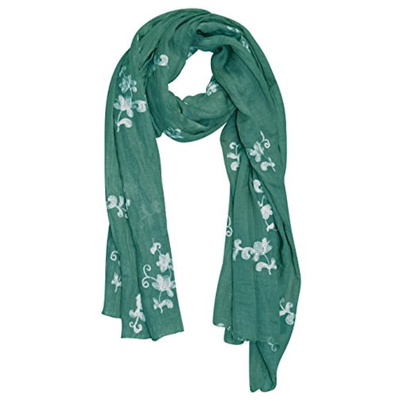 Peach Couture Intricate Floral Pansy Embroidered Light Weight Summer Shawl Scarf Wrap Green