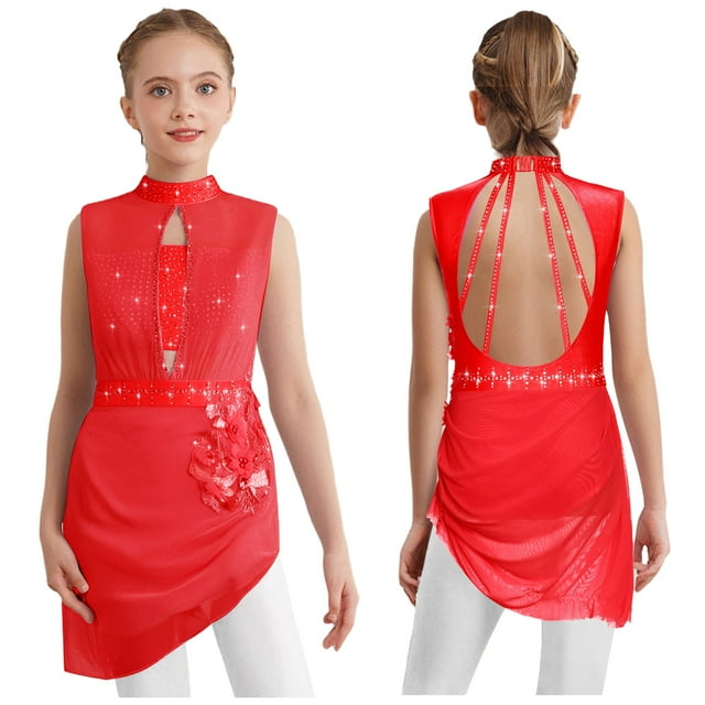 Sxiwei Jupe de Danse Lyrique Dos Nu pour Filles, en Maille Transparente, Rouge 12