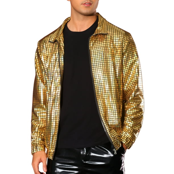 Chaqueta Holográfica Inspire Chic para Hombre, Chaquetas Metálicas de Manga Larga con Cuello Alto para Fiesta Disco, Brillantes M Dorado