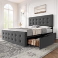 thumbnail image 1 of Bingirl Full-Size Dark Gray Bed Frame: 4 Storage Drawers, Faux Leather Upholstered Platform Bed with Wooden Slats Support, Button Tufted Design - No Box Spring Required, 1 of 8