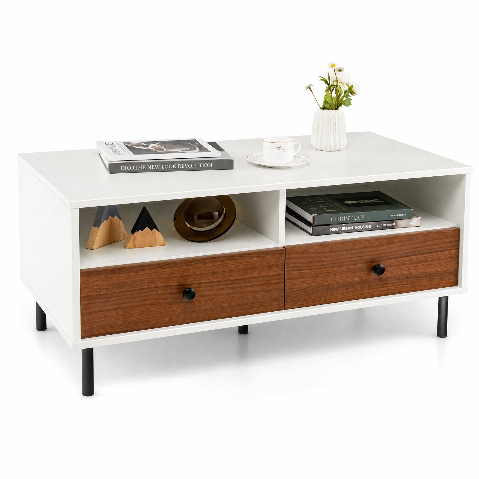 Furnibear 2 Tier 40 Inch Modern Rectangle Coffee Table with Storage Shelf and Two Drawers for Living Room Bedroom and Study, White