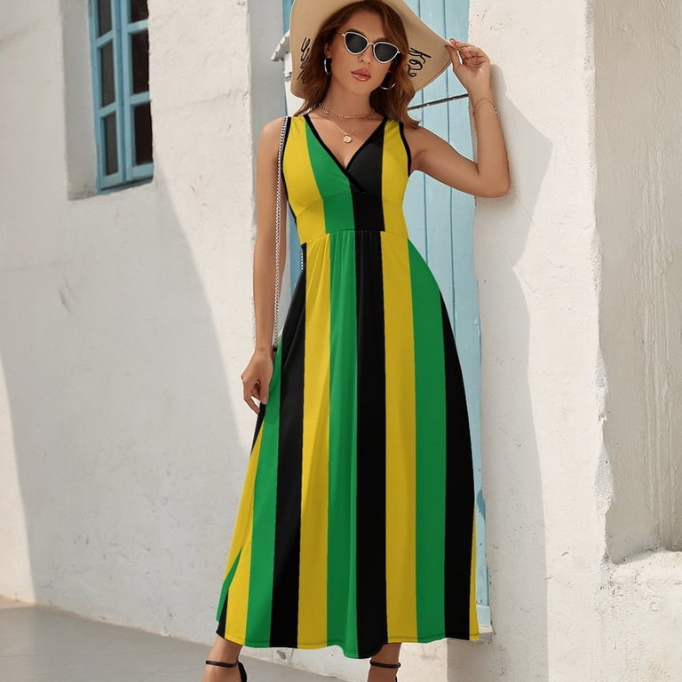 yellow and black striped dress Green Stripes Summer Street Style Bohemia Long Dresses Female Sleeveless Printed Maxi Dress This 1999 Striped Dress exchange-loop Off Shoulder Wedding Dress, Color:Custom Color（leaving a note）
