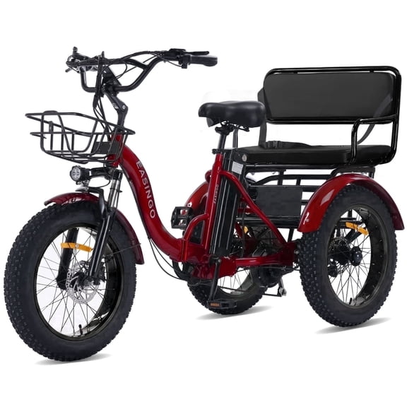 YEBEI Two Seater Electric Tricycle for Adults Folding ETrike with Passenger Seat 48V20AH Battery Peak 750W Motor Pre Assembled 85% 3 Wheels Electric Bike with Two Baskets Red UL2849