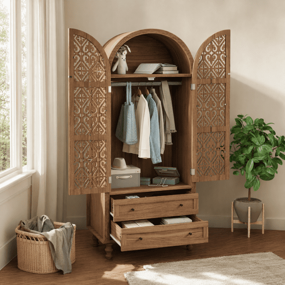 HAOMINS 70" Tall Arched Wardrobe, Freestanding Hollow Wardrobe Cabinet with Hollow Carved Doors, Adjustable Shelves and 2 Drawers, Walnut Storage for Living Room, Bedroom