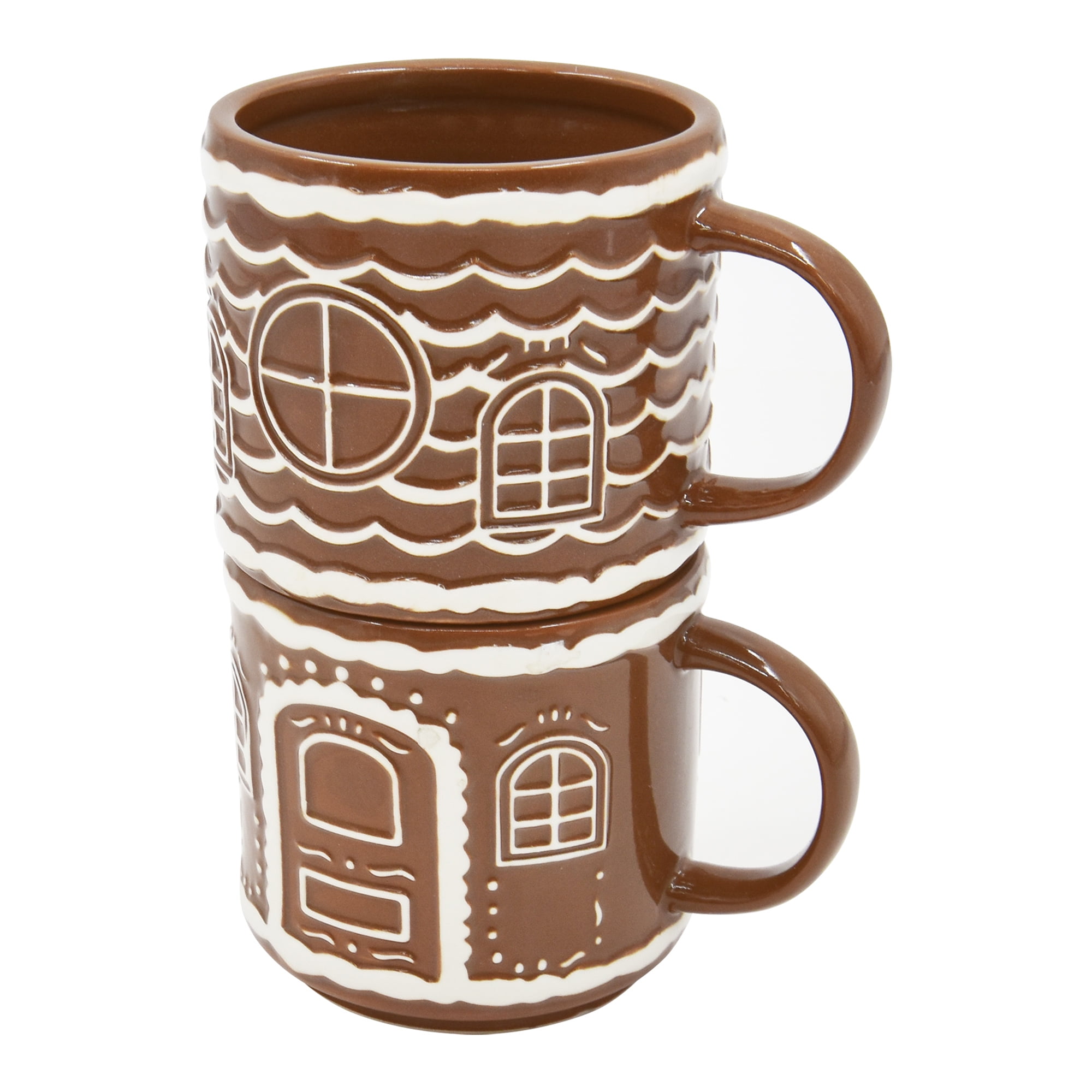 Holiday Time 2 pack Stoneware Gingerbread House Stackable Mug, Brown, Festive Drinkware