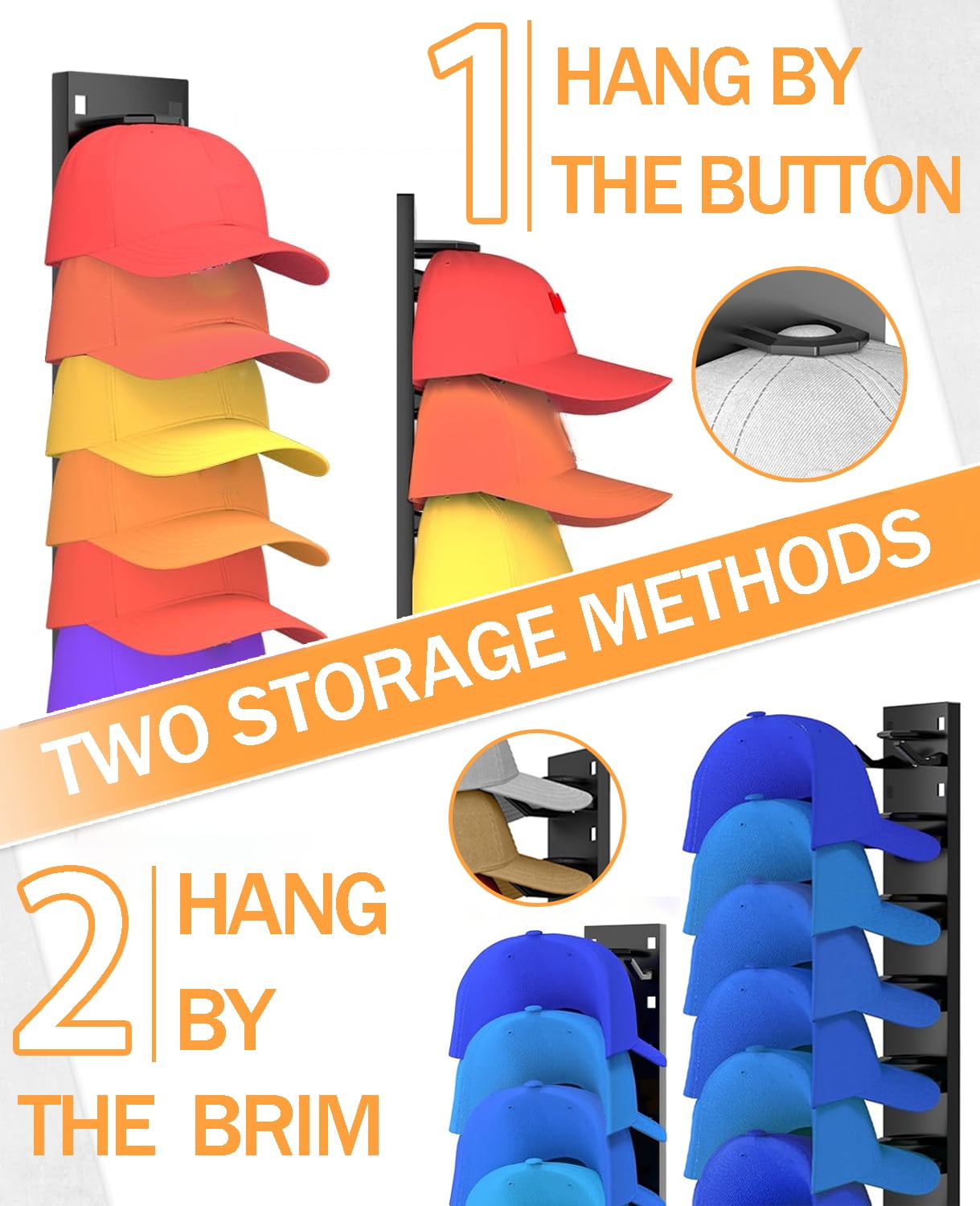 2 Pack Hat Organizer, Hat Rack for Baseball Caps, Multilayer Hat Storage Display Holder, Strong Adhesive Hat Storage Rack for Wall, Hat Rack Hold up to 18 Hats for Closet Door and Bedroom (Black)