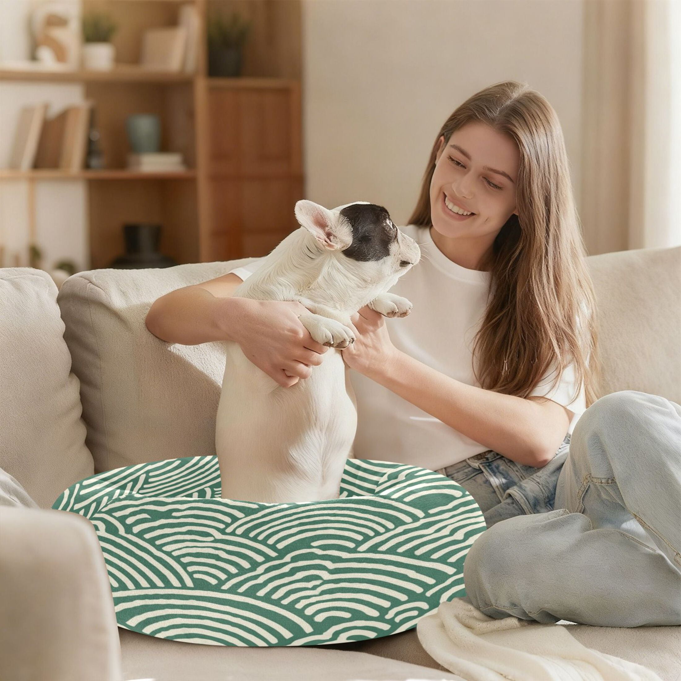 Iauyy Pet Couch Donut Cat Bed for Indoor Cats/Small Dogs Washable & Machine with Non-slip Bottom Calming Cat Furniture, Japanese Wave Pattern (M)