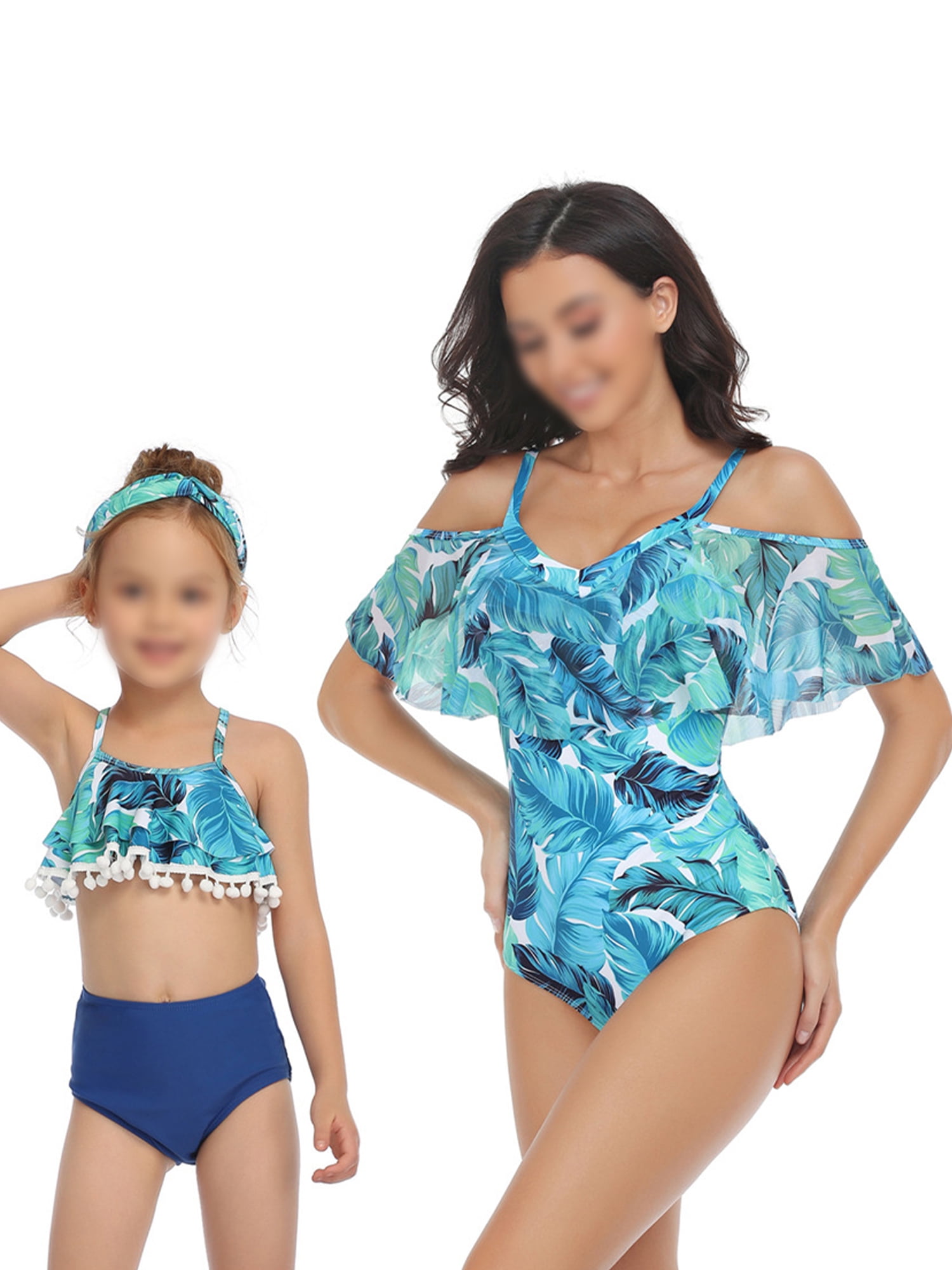 JINSIJU Daughter Mother Family Matching Swimwear, Solid Color Sleeveless  Drawstring V-Neck Tops + Leaves Print Panties Bikini Set