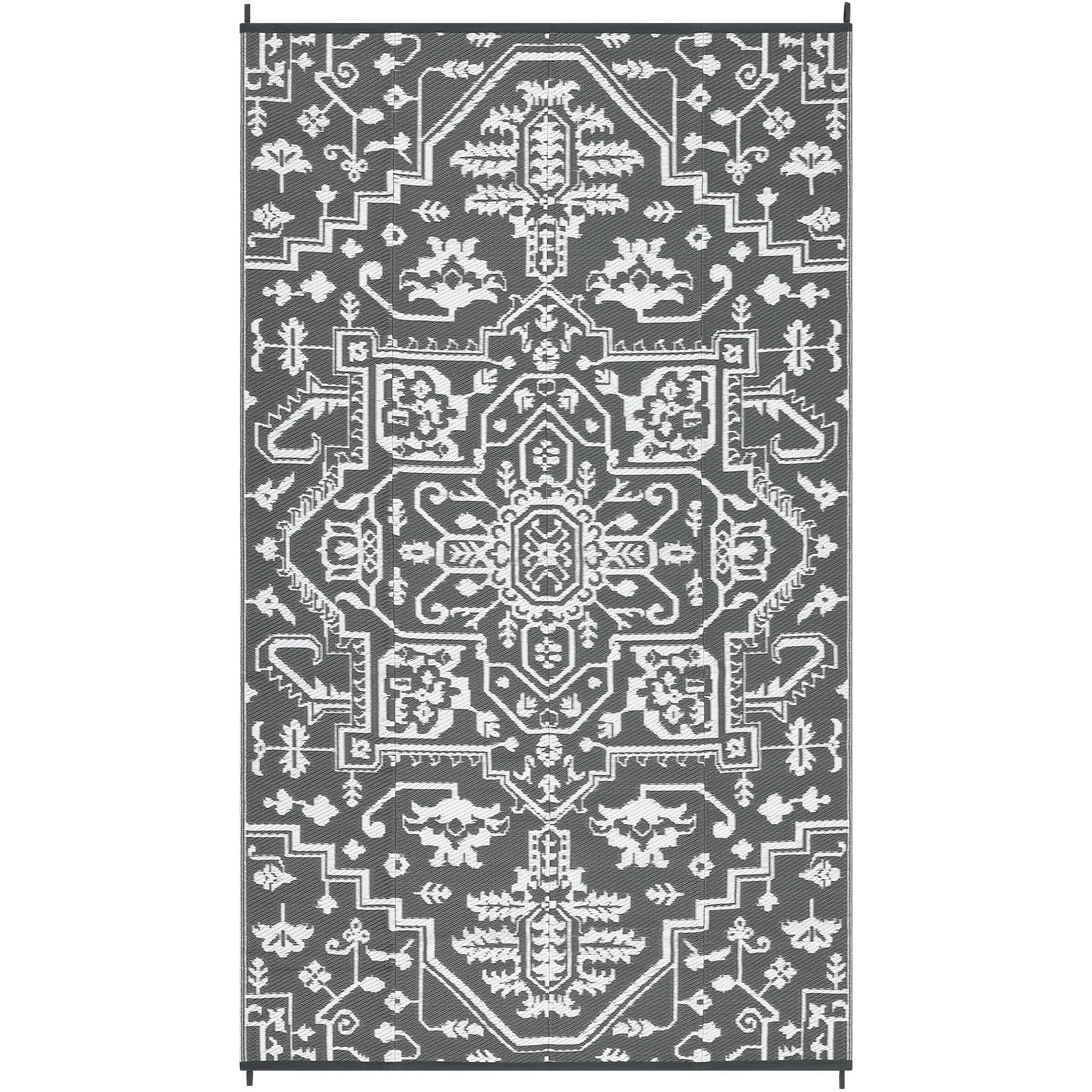 GlowSol 9'x12' Outdoor Rug Reversible Plastic Straw Area Rug Vintage Medallion Waterproof Area Rug for Patio Deck Balcony Backyard Picnic Beach, Gray White