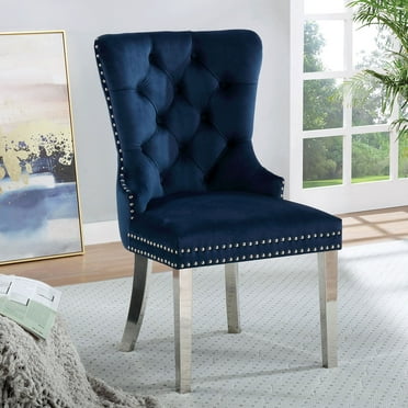 Homiyad Contemporary Blue Color Flannelette 2Pcs Side Chairs Button-Tufted Upholstered Dining Chairs Wingback Design Furniture Set