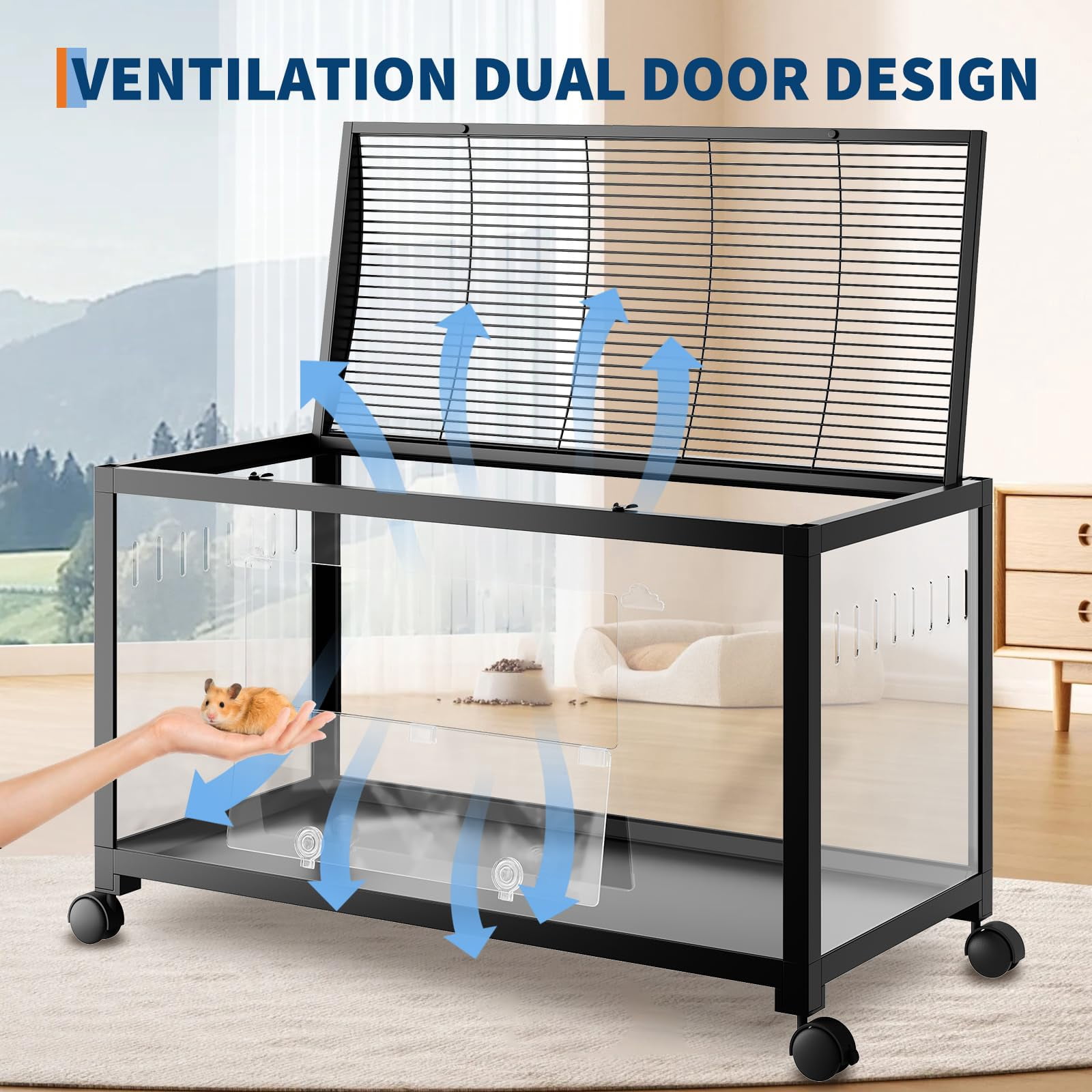 Yeshouse Hamster Cage with Chew-Proof Acrylic Panels - Stackable Metal Habitat for Hamsters, Gerbils & Guinea Pigs | 37.8" Spacious Design, Dual-Door Access, Universal Wheels, Easy-Clean
