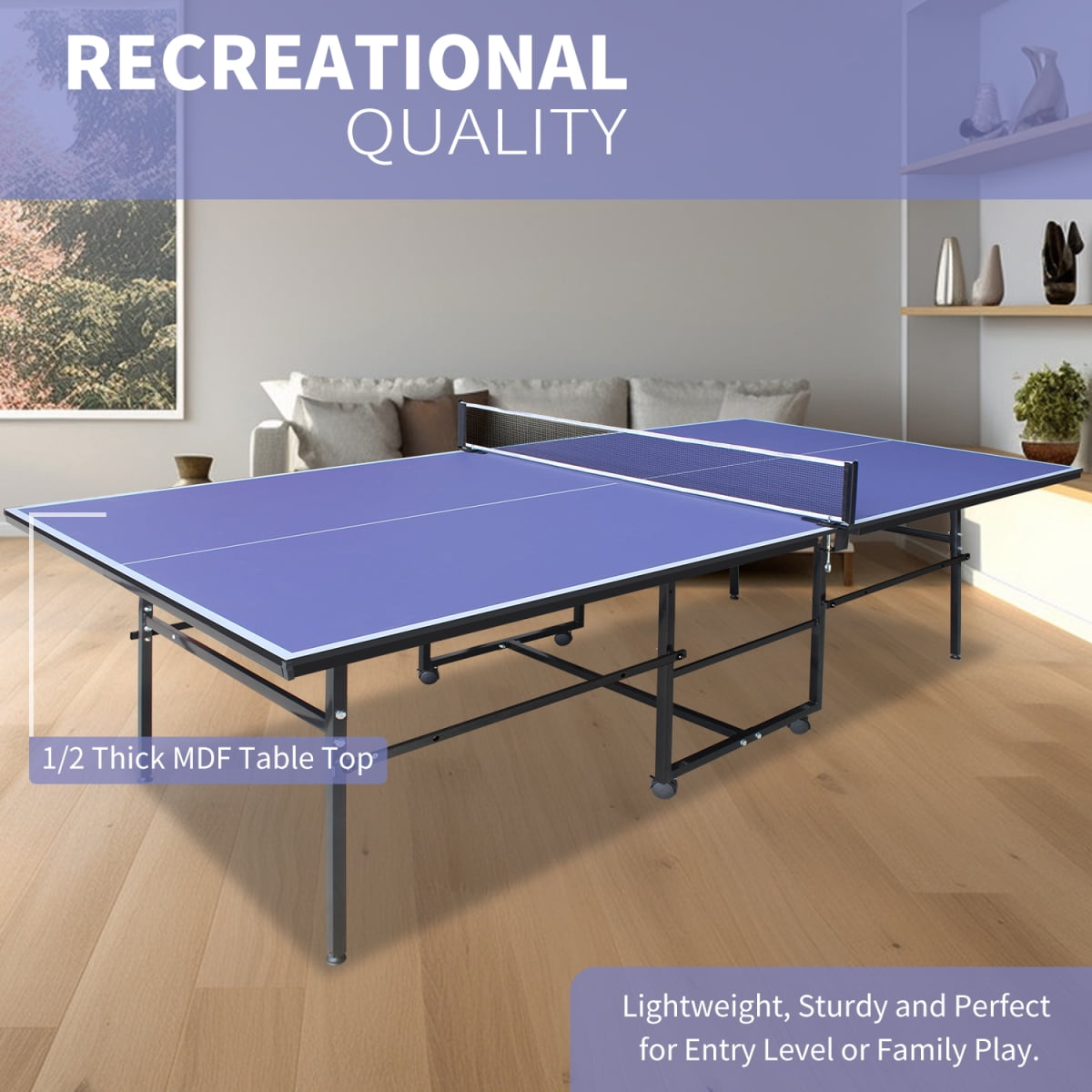 LuckyNote 9x4.1ft Foldable Ping Pong Table, Mid‑Size Table Tennis Set with Net, 2 Paddles & 3 Balls, Portable for Indoor Game Rooms, Blue