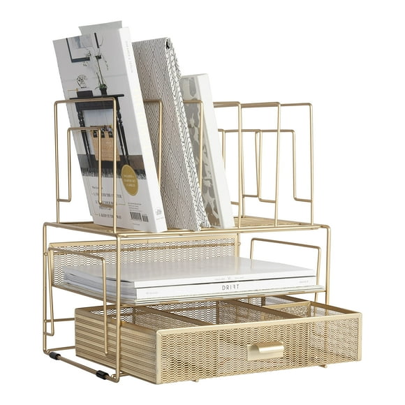 BLU MONACO | Gold Desk Organizer With Drawer | Metal Mesh File Holder & Vertical File Organizer | Desktop Storage for Office Supplies, Papers & Folde