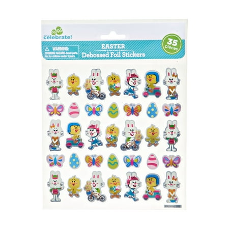 Way To Celebrate Easter Debossed Foil Stickers, Bunnies and Chicks, 35 Pieces