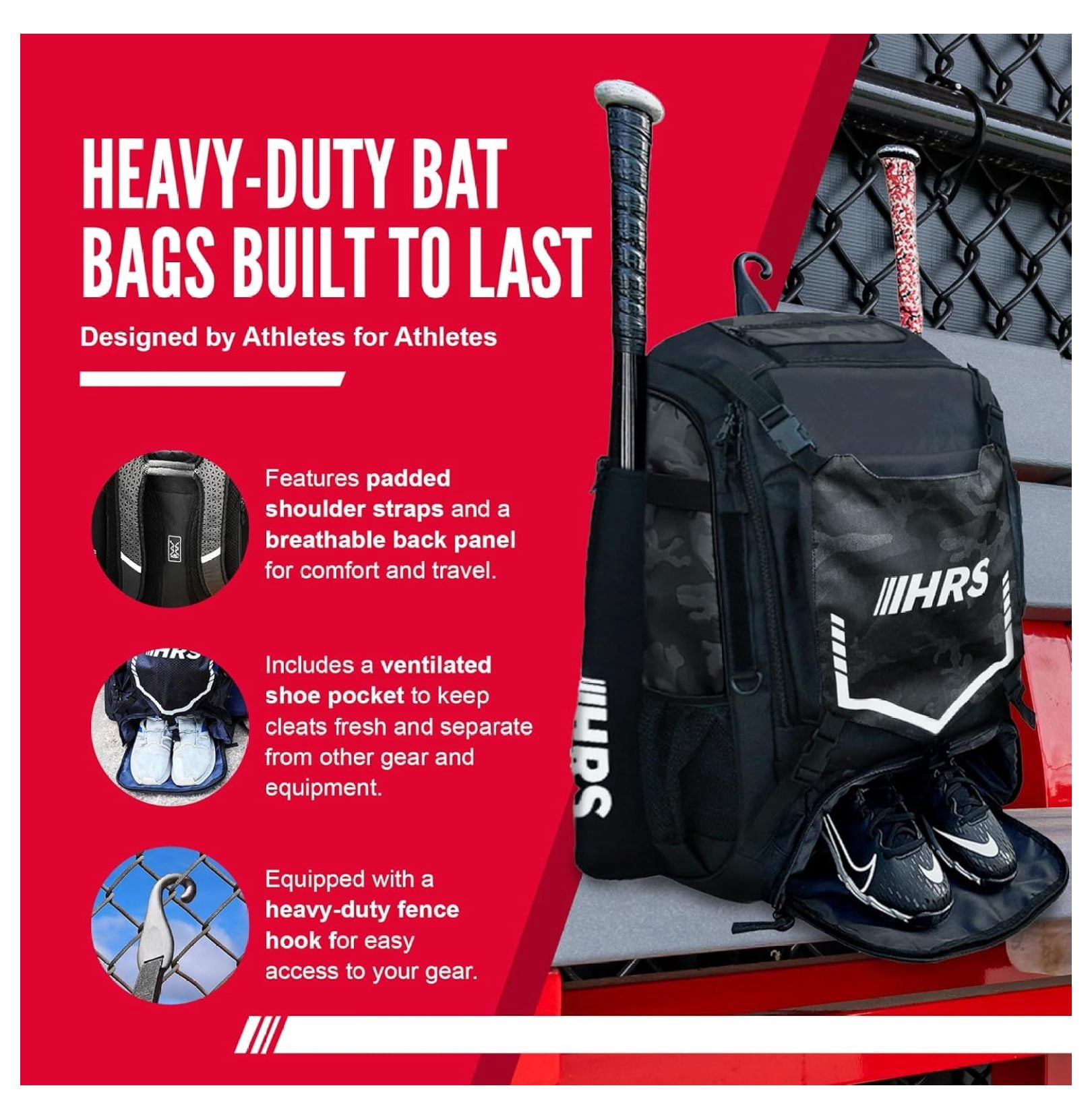 Baseball Bag, Softball Bat Bag for Youth & Adult. Holds 4 Bats, Glove, Water Bottle, Shoe Compartment, Helmet, Fence Hook for Equipment & Gear